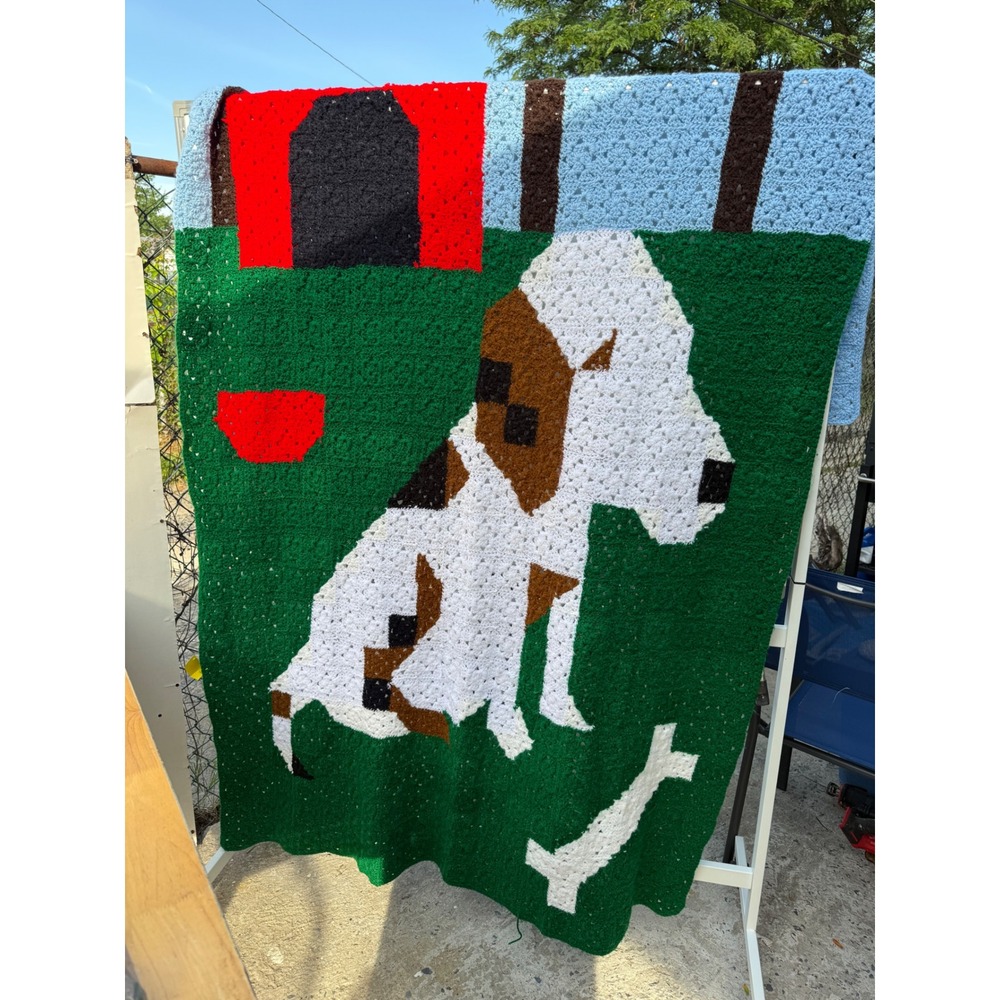 Handmade Crochet Dog Afghan Blanket Red Doghouse Bone Puppy Throw Green Blue